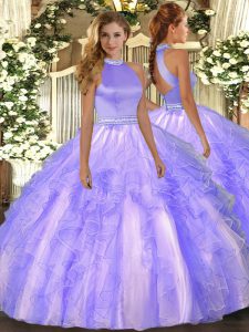 Lavender Ball Gowns Beading and Ruffles Sweet 16 Quinceanera Dress Backless Organza Sleeveless Floor Length