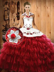 Fashionable Wine Red Ball Gowns Organza Halter Top Sleeveless Embroidery and Ruffled Layers Floor Length Lace Up Sweet 1