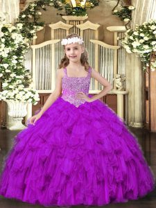 Purple Tulle Lace Up Child Pageant Dress Sleeveless Floor Length Beading and Ruffles