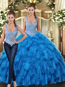 Smart Teal Lace Up Straps Beading and Ruffles Quinceanera Gown Tulle Sleeveless