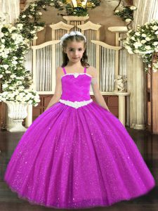 Fuchsia Tulle Zipper Straps Sleeveless Floor Length Little Girls Pageant Dress Wholesale Appliques