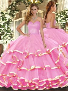Rose Pink Ball Gowns Organza Sweetheart Sleeveless Ruffled Layers Floor Length Lace Up Sweet 16 Quinceanera Dress