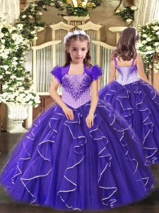 Beading and Ruffles Little Girls Pageant Dress Purple Lace Up Sleeveless Floor Length