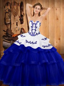 Tulle Strapless Sleeveless Sweep Train Lace Up Embroidery and Ruffled Layers Sweet 16 Dresses in Royal Blue