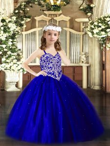 Royal Blue Sleeveless Beading Floor Length Little Girl Pageant Gowns