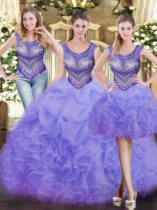 Latest Lavender Scoop Neckline Beading and Ruffles Quinceanera Dress Sleeveless Lace Up