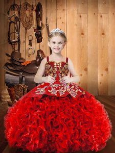 Elegant Straps Sleeveless Brush Train Lace Up Little Girls Pageant Dress Red Fabric With Rolling Flowers