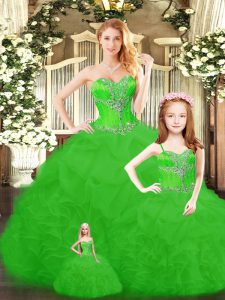 Floor Length Green 15 Quinceanera Dress Tulle Sleeveless Beading and Ruffles