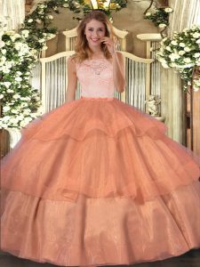 New Style Sleeveless Organza Floor Length Clasp Handle 15 Quinceanera Dress in Orange with Lace and Ruffled Layers