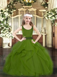 Olive Green Tulle Zipper Little Girls Pageant Dress Wholesale Sleeveless Floor Length Beading and Ruffles