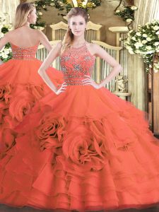 Sleeveless Tulle Floor Length Zipper Sweet 16 Dresses in Red with Beading and Ruffled Layers