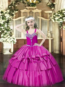 Cute Fuchsia Straps Neckline Beading and Ruffled Layers Pageant Gowns For Girls Sleeveless Lace Up