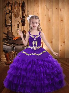 Fancy Eggplant Purple Organza Lace Up Straps Sleeveless Floor Length Girls Pageant Dresses Beading and Embroidery and Ru