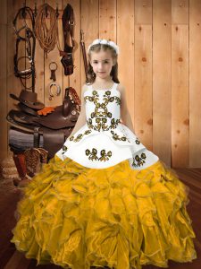 Gold Ball Gowns Embroidery and Ruffles Kids Formal Wear Lace Up Organza Sleeveless Floor Length