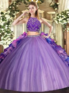 Multi-color Zipper High-neck Beading and Ruffles Quinceanera Dress Tulle Sleeveless