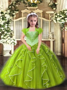 Straps Sleeveless Organza Pageant Gowns For Girls Beading and Ruffles Lace Up