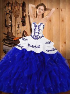 Extravagant Blue And White Ball Gowns Satin and Organza Strapless Sleeveless Embroidery and Ruffles Floor Length Lace Up