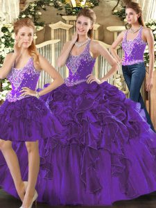 Super Purple Tulle Lace Up Sweet 16 Dress Sleeveless Floor Length Beading and Ruffles