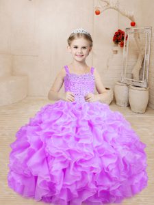 Customized Lilac Lace Up Little Girl Pageant Dress Beading Sleeveless Floor Length
