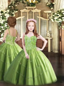 Stylish Olive Green Lace Up Little Girl Pageant Dress Beading Sleeveless Floor Length