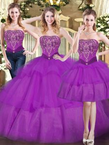 Fancy Sleeveless Lace Up Floor Length Beading and Ruffled Layers Quinceanera Gowns