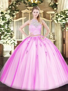 Most Popular Two Pieces Quince Ball Gowns Fuchsia Scoop Tulle Sleeveless Floor Length Zipper