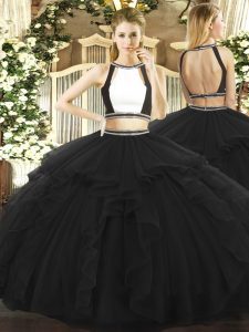 Floor Length Black Quince Ball Gowns Halter Top Sleeveless Backless