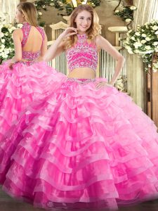 Rose Pink Two Pieces Tulle High-neck Sleeveless Beading and Ruffled Layers Floor Length Backless Sweet 16 Dresses