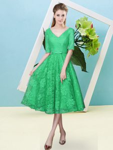 Sexy Tea Length Turquoise Quinceanera Court of Honor Dress V-neck Half Sleeves Lace Up