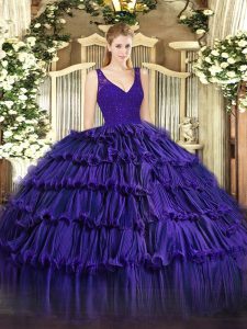 Dramatic Organza Sleeveless Floor Length Quinceanera Gown and Beading and Lace and Ruffled Layers