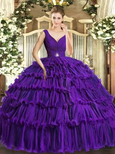 Modern Sleeveless Organza Floor Length Backless Sweet 16 Quinceanera Dress in Purple with Beading and Ruffled Layers