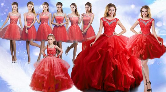 Custom Design Wine Red Ball Gowns Scoop Sleeveless Organza Floor Length Lace Up Beading and Ruffles Quinceanera Dresses