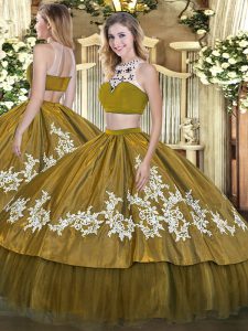 Captivating High-neck Sleeveless Sweet 16 Dresses Floor Length Beading and Appliques Olive Green Tulle