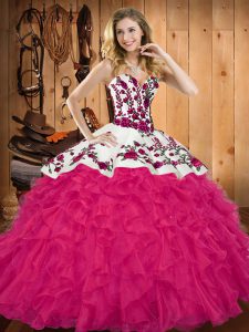 Modern Hot Pink Ball Gowns Sweetheart Sleeveless Tulle Floor Length Lace Up Embroidery and Ruffles Sweet 16 Quinceanera 