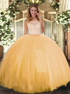 Sleeveless Tulle Floor Length Clasp Handle Ball Gown Prom Dress in Gold with Lace