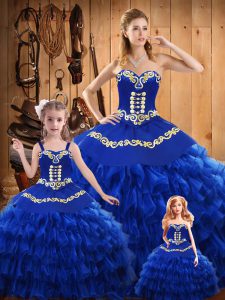 Fancy Floor Length Lace Up Quince Ball Gowns Blue for Military Ball and Sweet 16 and Quinceanera with Embroidery and Ruf