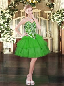 Green Ball Gowns Sweetheart Sleeveless Organza Mini Length Lace Up Beading and Ruffled Layers Prom Evening Gown
