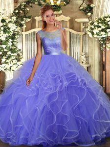 Lavender Sleeveless Tulle Backless Quince Ball Gowns for Military Ball and Sweet 16 and Quinceanera