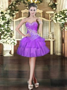 Vintage Purple Organza Lace Up Homecoming Dress Online Sleeveless Mini Length Beading and Ruffled Layers