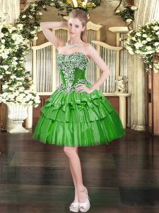 Modest Green Ball Gowns Organza Sweetheart Sleeveless Beading and Ruffled Layers Mini Length Lace Up Prom Gown