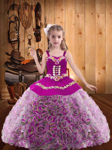 Custom Design Ball Gowns Kids Formal Wear Multi-color V-neck Fabric With Rolling Flowers Sleeveless Floor Length Lace Up