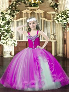 Classical Fuchsia Ball Gowns Beading Custom Made Pageant Dress Lace Up Tulle Sleeveless Floor Length