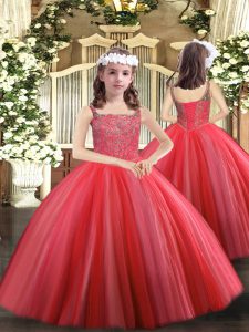 Excellent Floor Length Ball Gowns Sleeveless Coral Red Little Girl Pageant Dress Lace Up