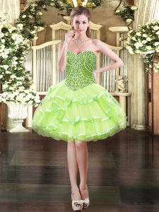 Sleeveless Organza Mini Length Lace Up Homecoming Dress in Yellow Green with Beading