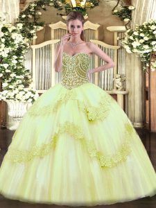 Inexpensive Yellow Green Lace Up Quinceanera Gown Beading and Appliques Sleeveless Floor Length