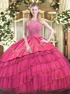 Luxurious Halter Top Sleeveless Sweet 16 Dresses Floor Length Beading and Embroidery and Ruffled Layers Hot Pink Satin a