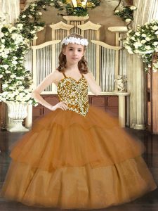 Sleeveless Organza Floor Length Lace Up Little Girl Pageant Dress in Brown with Beading and Ruffled Layers