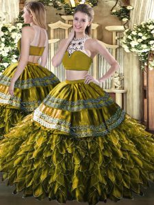 Olive Green Quinceanera Gown Military Ball and Sweet 16 and Quinceanera with Beading and Ruffles High-neck Sleeveless Ba