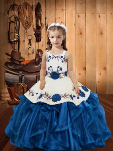Beautiful Sleeveless Organza Floor Length Lace Up Pageant Dress for Teens in Blue with Embroidery and Ruffles