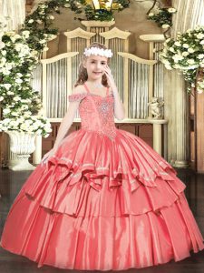 Coral Red Ball Gowns Beading and Ruffled Layers Child Pageant Dress Lace Up Organza Sleeveless Floor Length